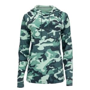 Simms Hoodie Women Size M Green Camo SolarFlex Long Sleeve UPF 50 Sun Shirt